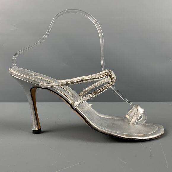 MANOLO BLAHNIK Size 10.5 Silver Leather Strappy Sandals - Picture 2 of 10